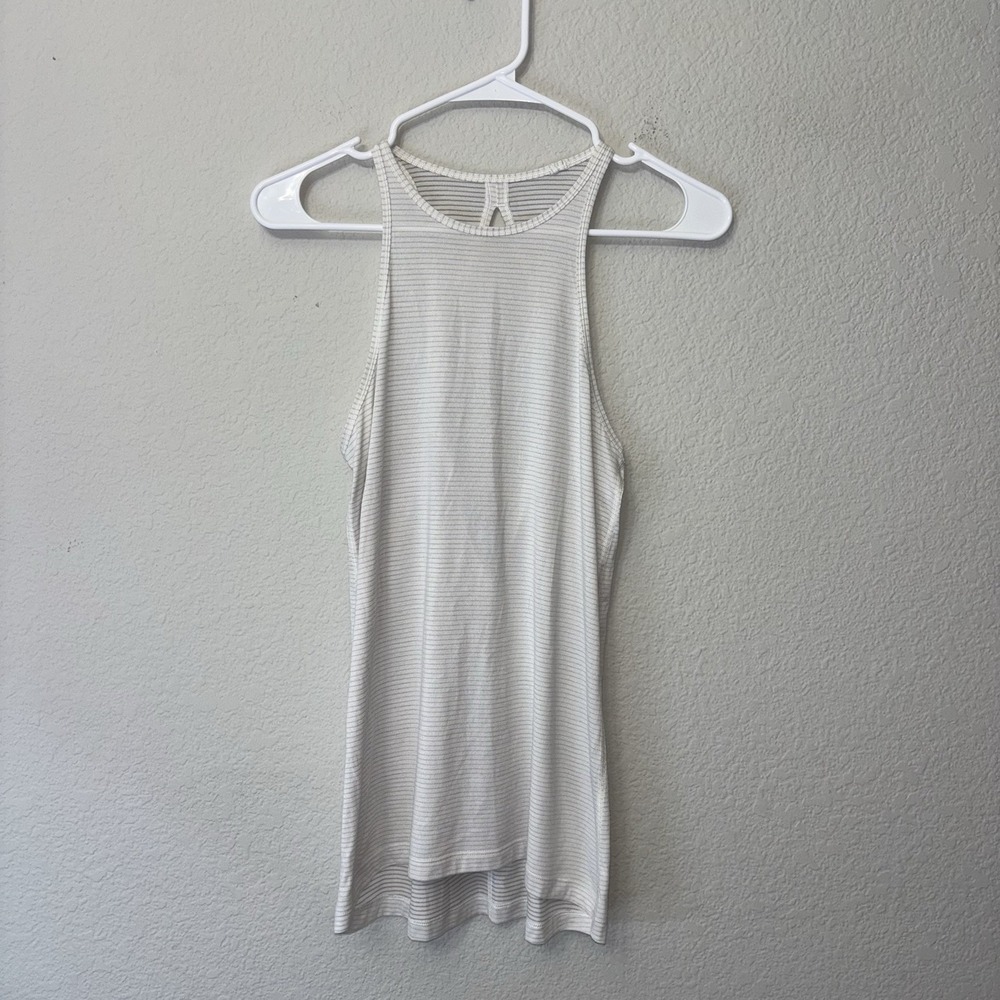 Lululemon White Open Back Gray Striped Tank Top Women's Size 4 Athletic